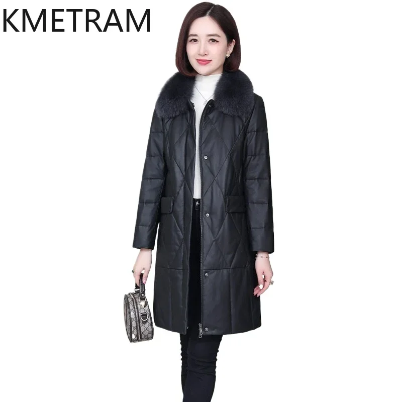 Pufferjacke aus echtem Schaffell für Damen, luxuriöse lange Daunenmäntel, 2024, neu in Oberbekleidung, Winterkleidung, Fuchspelzkragen, Mantel Secojiк