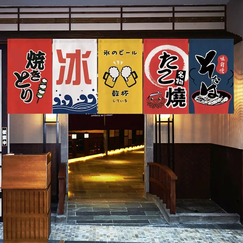 VIKAMA Japanese Izakaya Maneki Neko Fuji Print Triangle Hanging Flag Noren Curtain Sushi Restaurant Partition Banner Door Decor