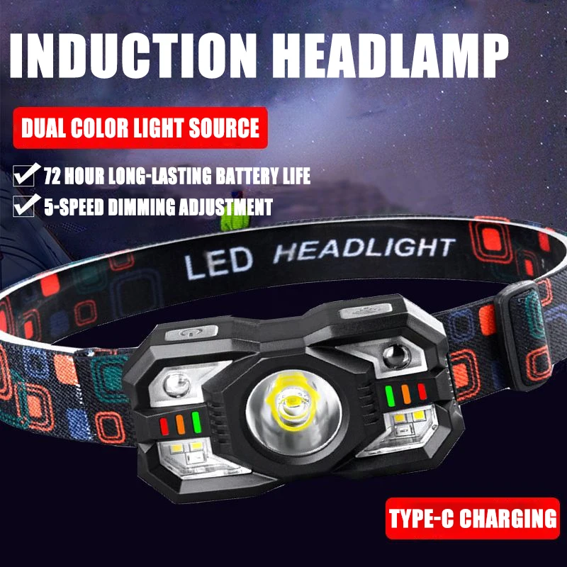 High Power Strong Light Headlight Multifunctional Type-c Charging LED Fishing Light Charging Long Range Induction Headlight