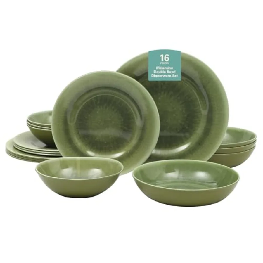 

Casper Court 16-Piece Melamine Dinnerware Set Green Reactive Glaze Look Plates and Bowls 4 Top Rack Dishwasher Safe Everyday Di