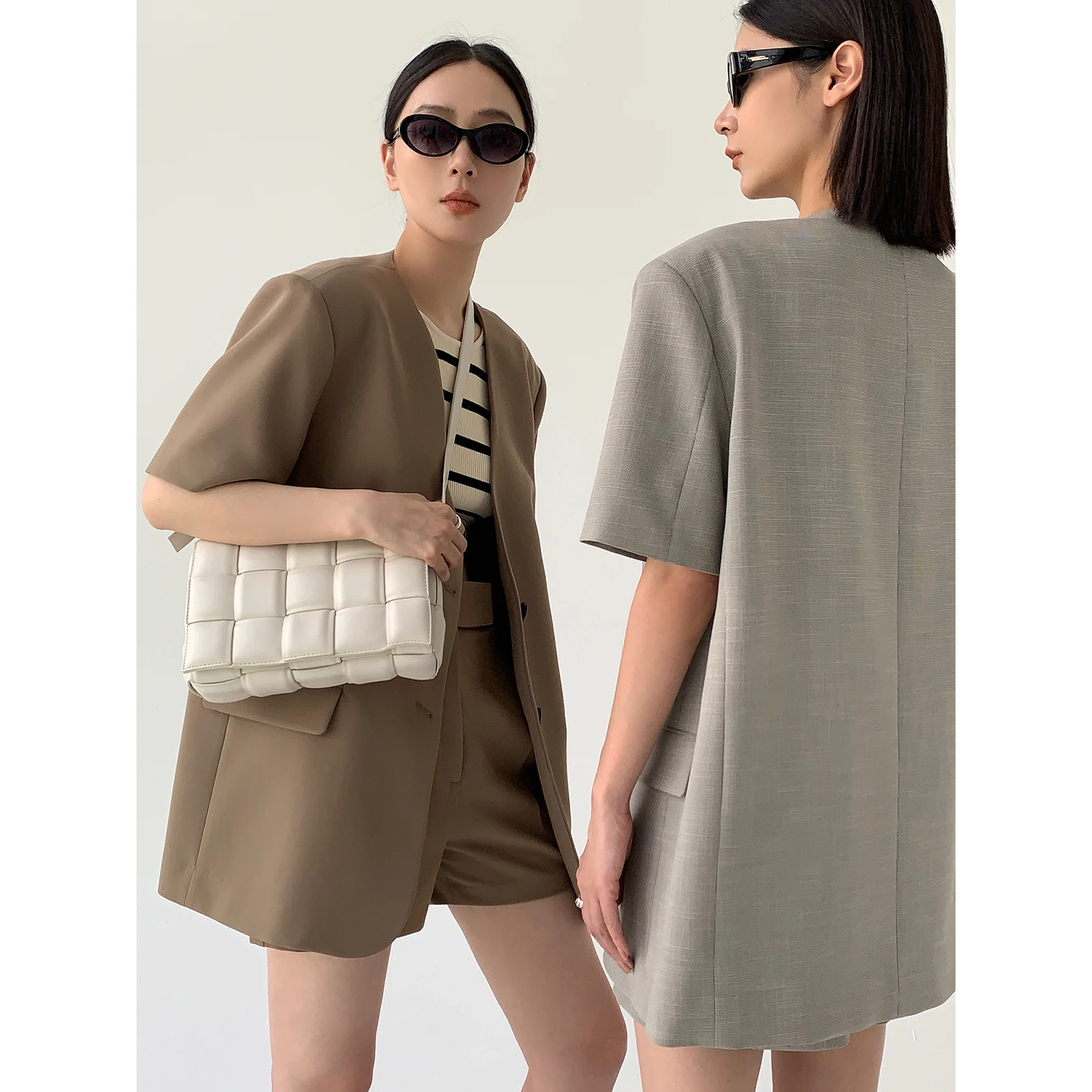 Casual Short Sleeve Suit Jacket Women's No Collar Outerwear Set Small Business Professional One Button Closure Loose Fit