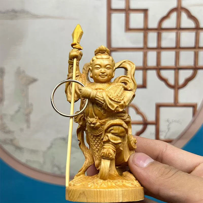 Natural Cypress Nezha Mythical figure statue- Solid Wood Carving Home Room Office Car Decoration Accessories 11cm / 4.32 in