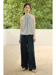 ZIQIAO Striped Slim Halter Neck Shirt Casual Pants Suit 2024 Summer New All-match Casual Mopping Pants 24ZQ92443+24ZQ92442