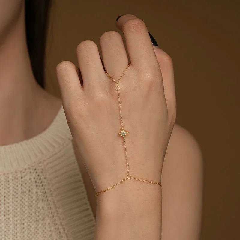 SOFTPIG ريال 925 فضة تألق الزركون البرسيم فنجر سلسلة سوار للنساء بوهيميا غرامة مجوهرات اكسسوارات النبات