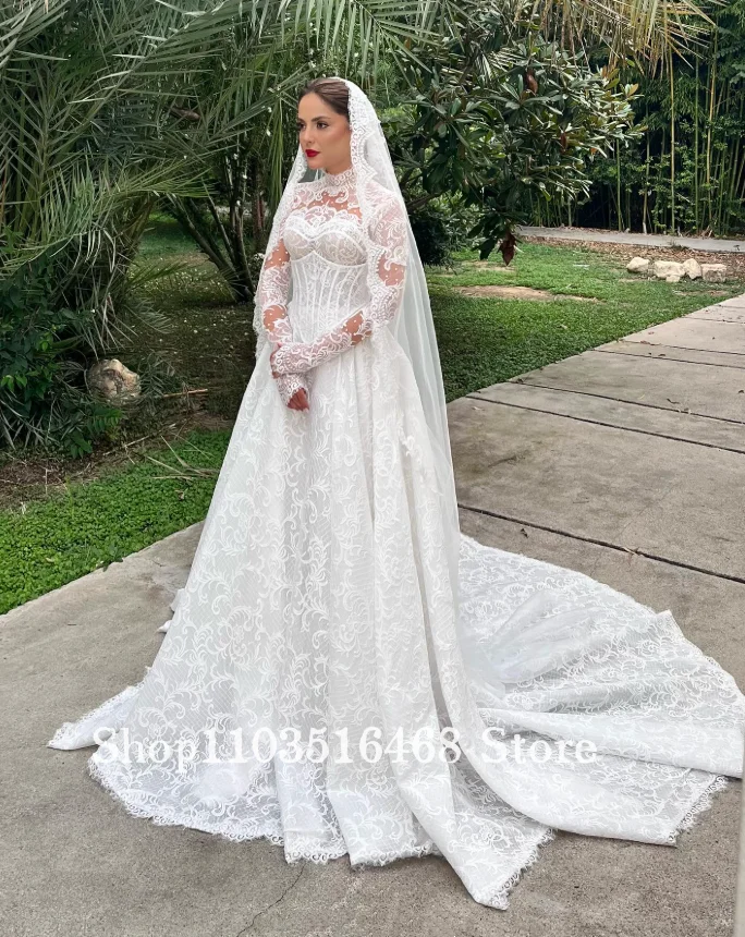 Customised Lace Long Sleeve Wedding Dress High Neck Corset A Line Skirt Bridal Gown Church Ceremony Garden Wedding Evening Gown