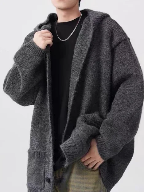 

American Sle Heavyweight ey Hoodie Men's Casual Knitted Sweater Loose Lazy Outerwear Ci Outdoor Loose Fit Long Sve