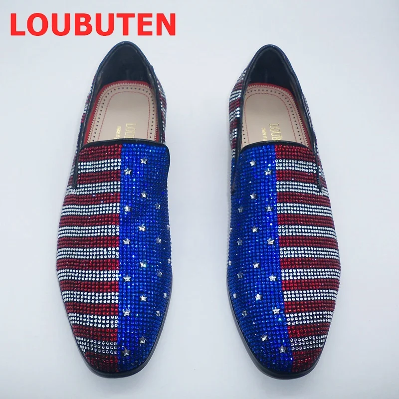 LOUBUTEN New Arrival Mixed Colors Rhinestone Loafers Dress Shoes Crystal Shoes Men Luxury Party Wedding Shoes