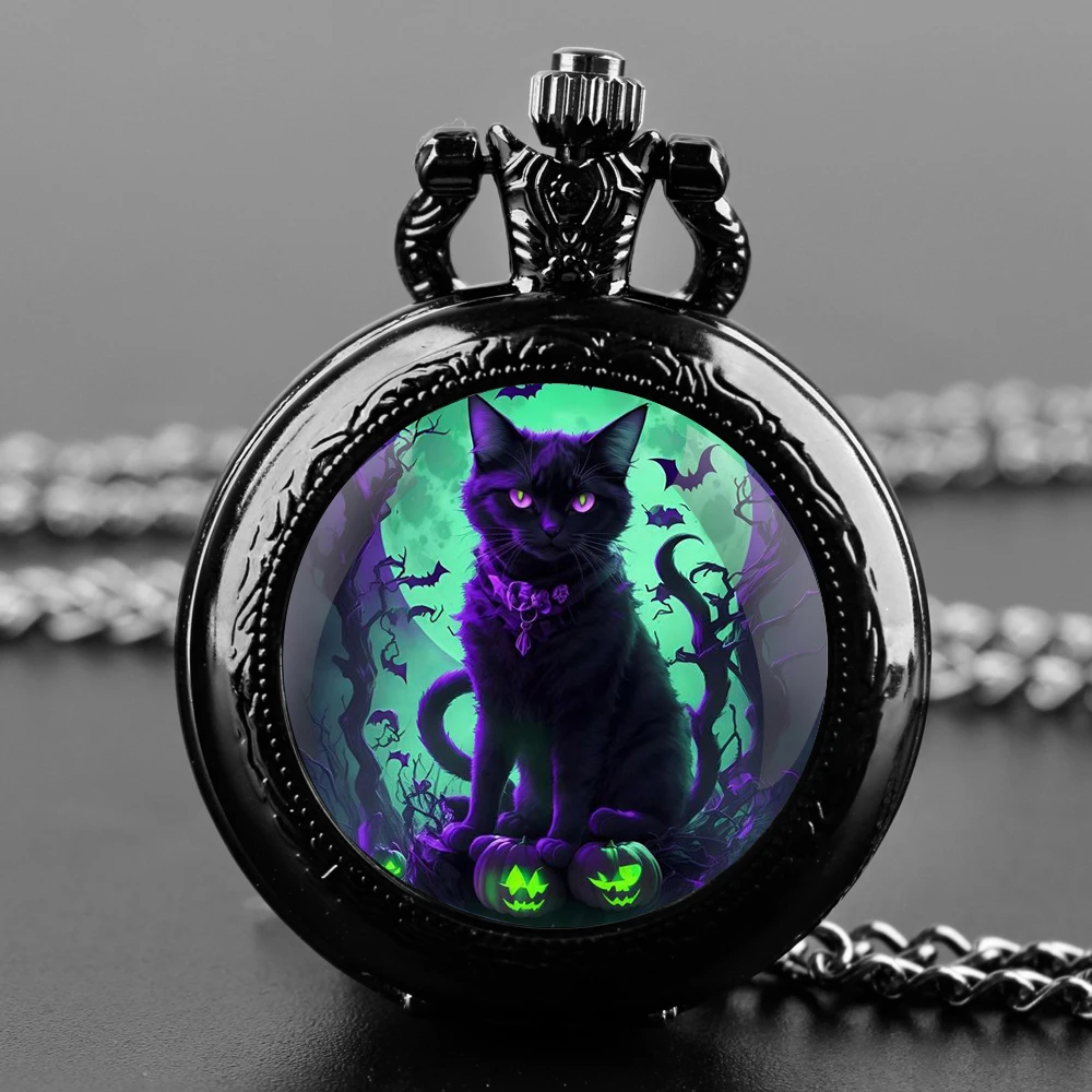 Jam tangan saku Quartz desain Kucing Halloween, jam tangan saku rantai suvenir angka Arab dengan hadiah kepribadian