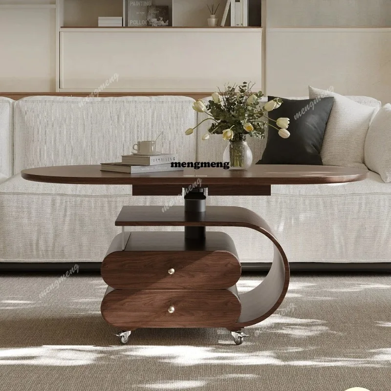 

Used removable coffee table lifting folding table oval solid wood walnut veneer living room home cart side table