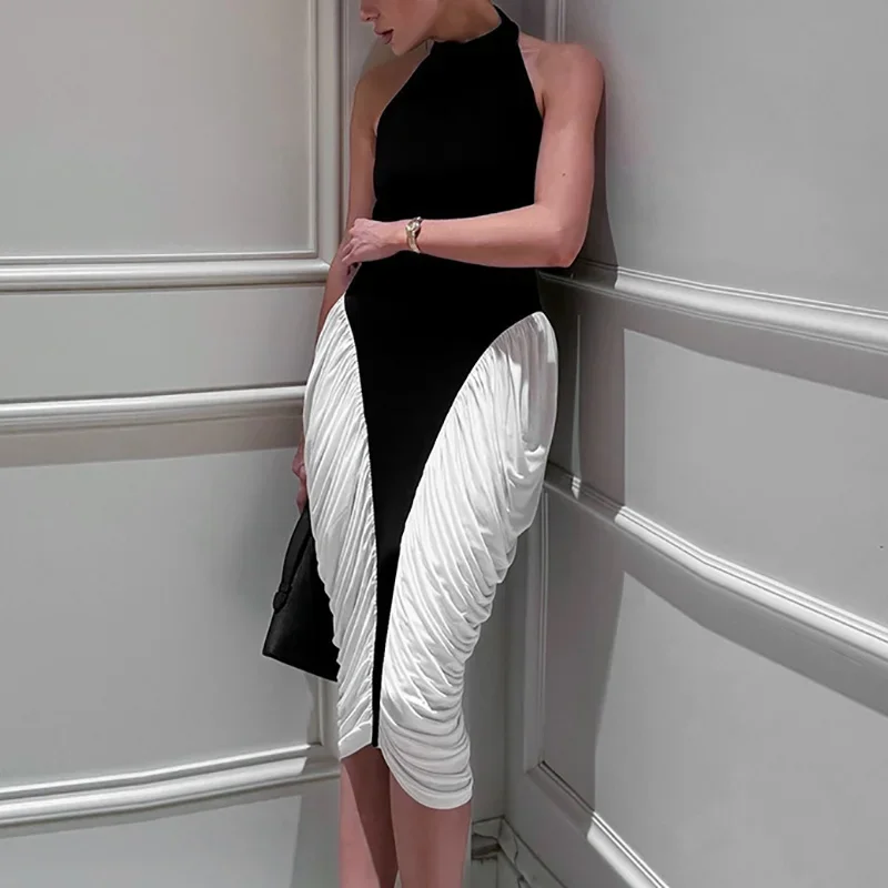 

LIBIELIY 2025 Fashion Color Blocking Women Dress Sexy Hanging Neck Backless Draped Midi Dress Elegant Off Shoulder Sleeveless P