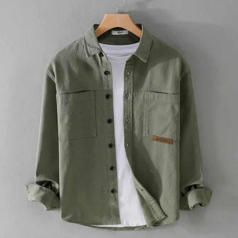 

American Style Cargo Shirts for Men Casual Men's Clothing Pure Cotton Button Up Shirt Long Sleeve Dark Gray Shirt with Pockets