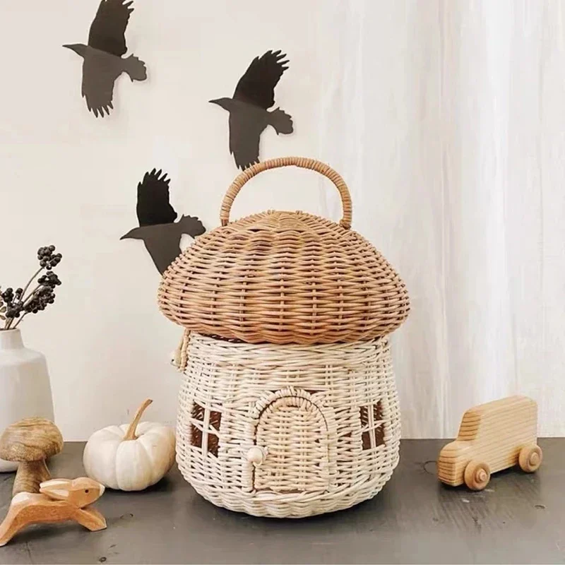 Rattan Mushroom Basket Cute Cartoon Handwoven Nut Wicker Basket Outdoor Picnic Women Tote Straw Bag Rattan Children Decoration