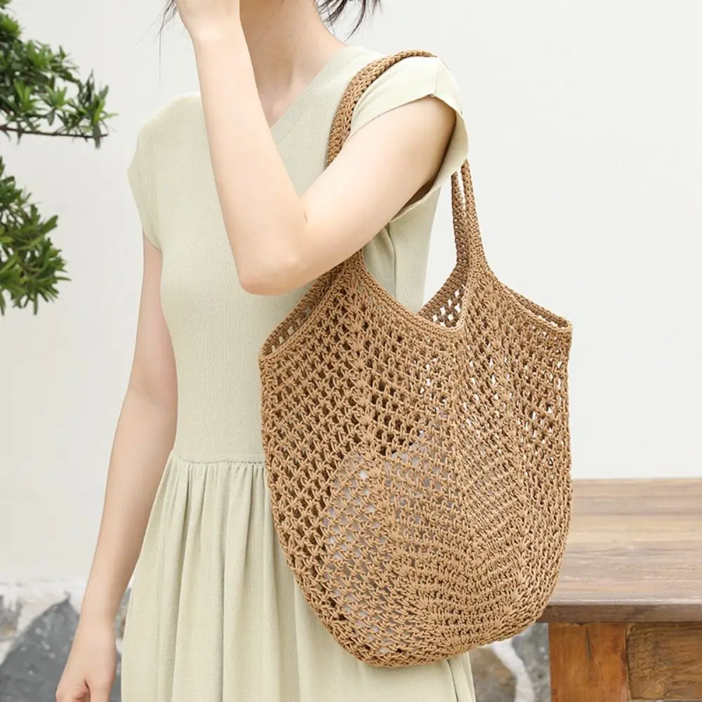 

Solid Color Knitting Shoulder Bag Hollow Out Large Capacity Bohemian Crochet Tote Bag Versatile Casual Woven Handbag Shopping