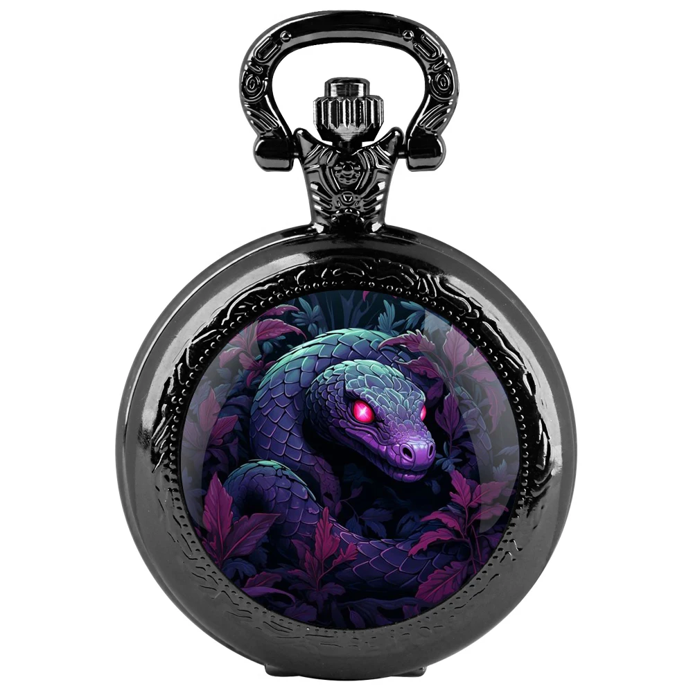 Incantevole orologio da tasca al quarzo nero con cupola in vetro serpente con quadrante con numeri arabi e catena resistente, regalo retrò per uomini e donne