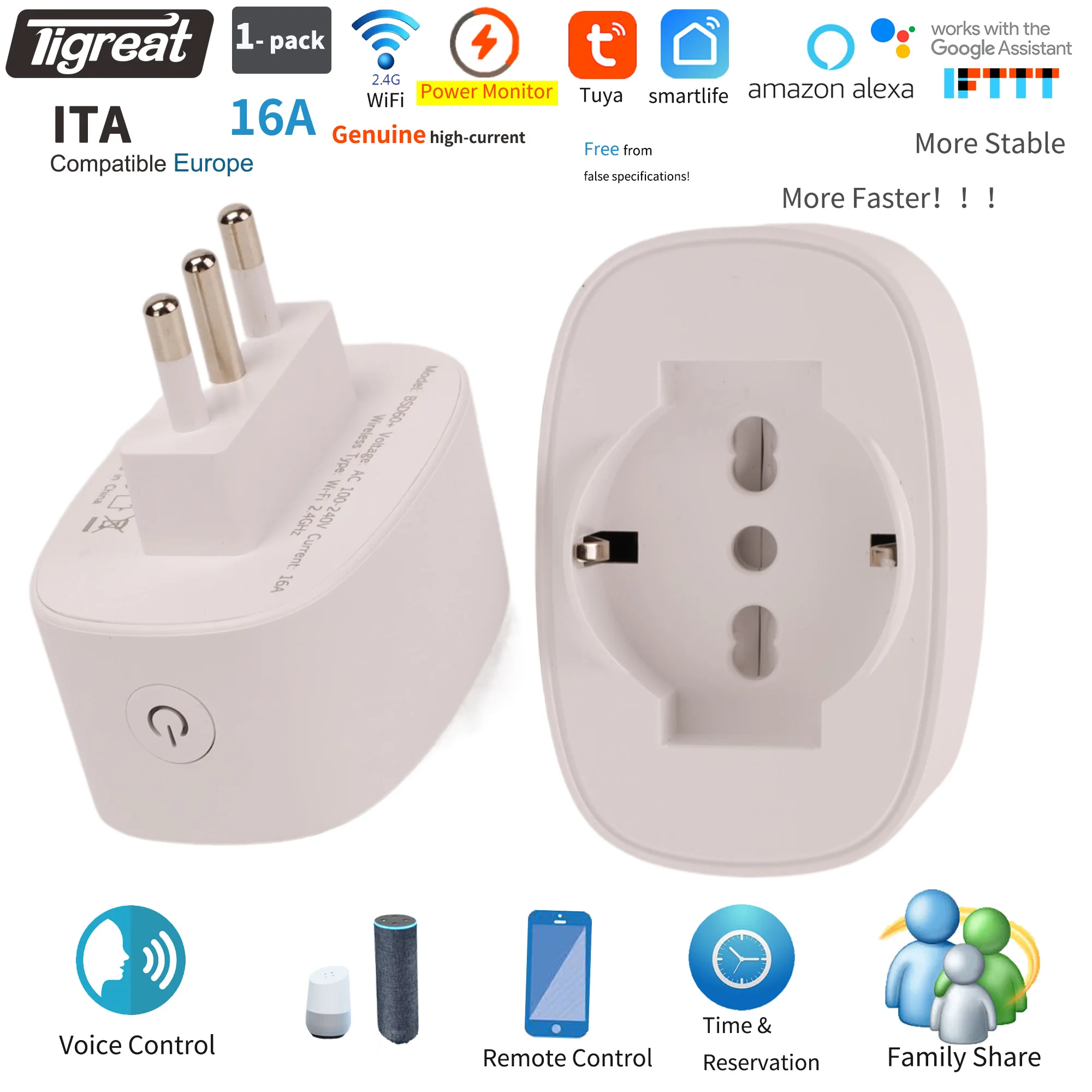 

Умная розетка Tigreat WiFi ITA, 16A-таймер/голос/дистанционное управление, розетка Tuya/SmartLife/Alexa/Ifttt/Google для домашней автоматизации