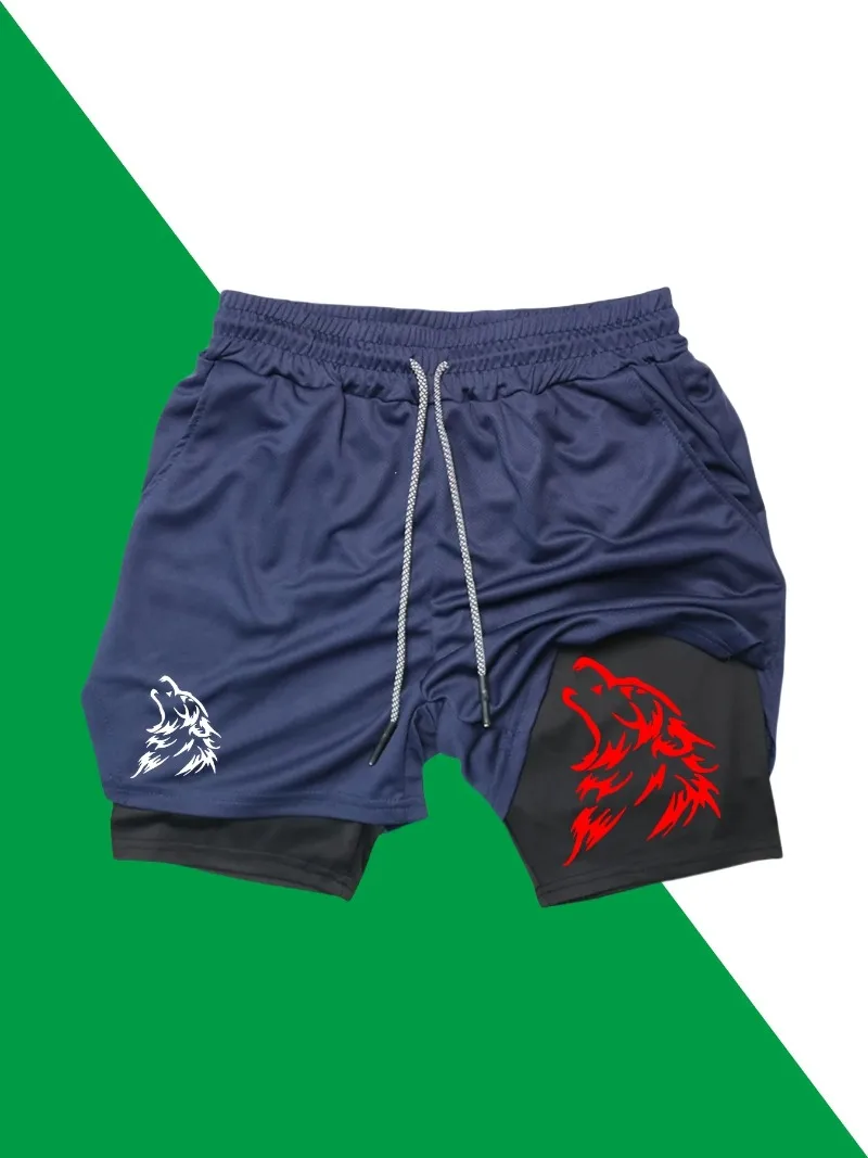 2 في 1 شورت رياضي كاجوال شامل للياقة البدنية سريع الجفاف وجيد التهوية برباط الخصر خفيف الوزن من البوليستر للجري