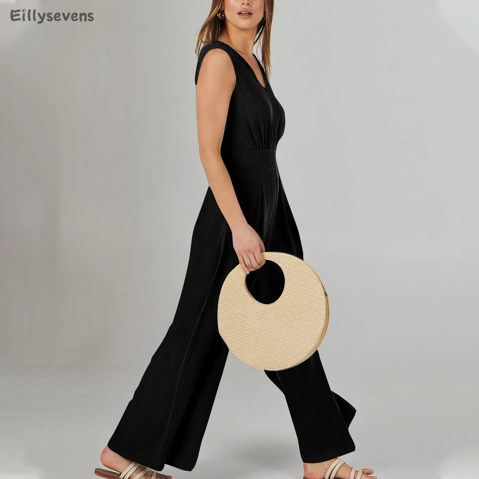 sexy jumpsuit women Casual Solid Color Elastic  jumpsuits Sleeveless Drape Wide Leg Overalls Street trend One-piece Pants traf