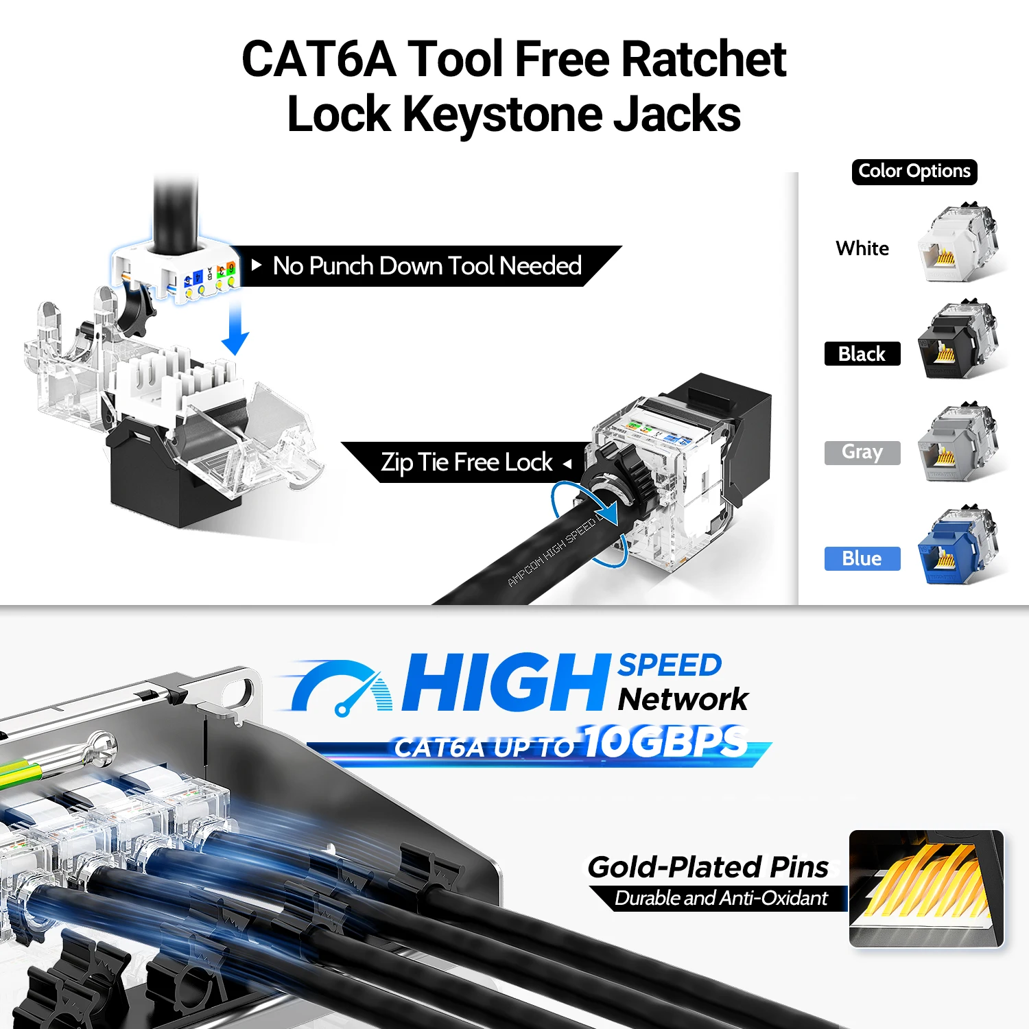 AMPCOM 1U 24-poorts Keystone-patchpaneel, UTP/STP rackgemonteerd met achterkabelbeheersbalk, UTP CAT6/CAT6A Keystone-aansluiting
