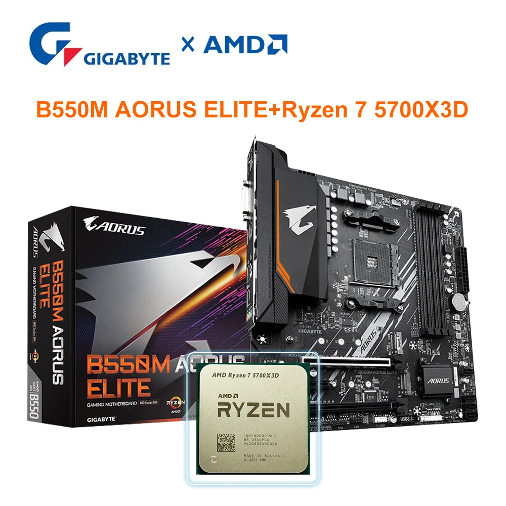 AMD Ryzen 7 5700X3D + GIGABYTE B550M AORUS ELITE Motherboard Set R7 5700X3D Processor DDR4 128GB Socket AM4 M.2 SATA 4000(OC)MHz