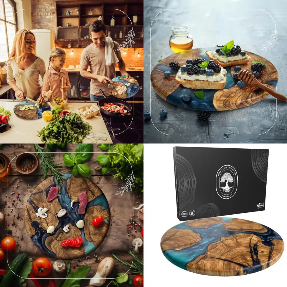 Tabla redonda de queso y charcutería con infusión de resina de madera de olivo, círculo de madera recubierto de epoxi apto para la cocina para servir