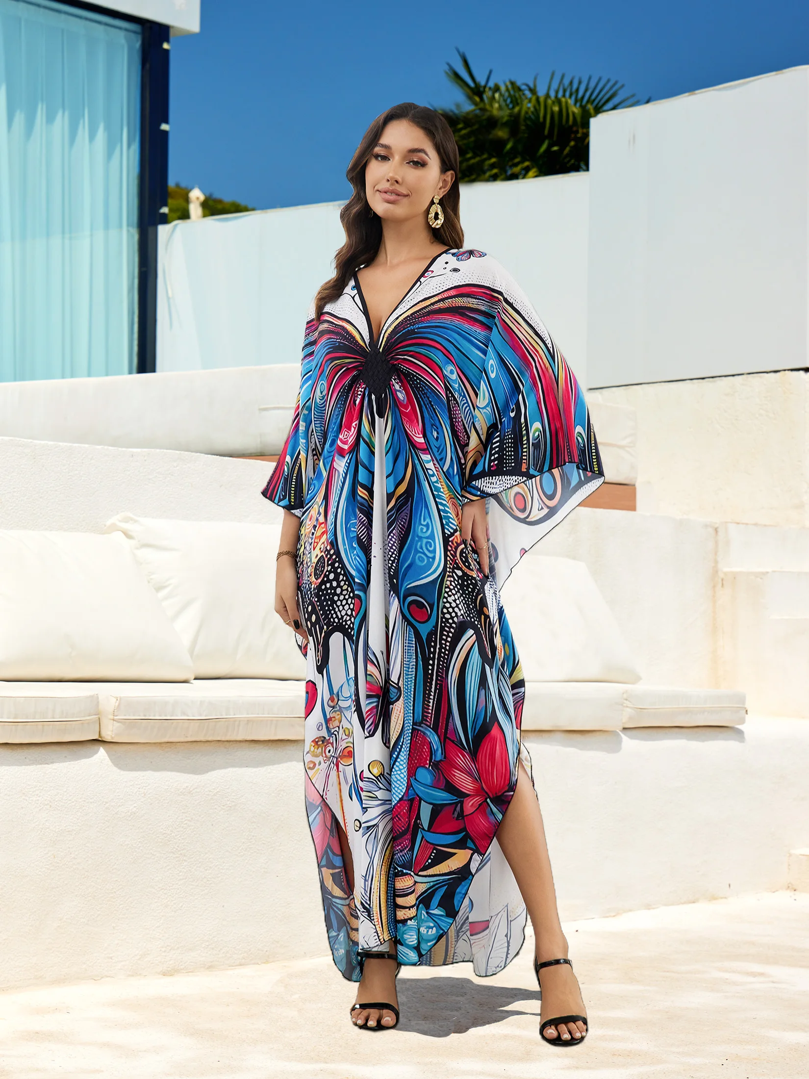 2024 Women\'s Plus Size Kaftan Dress For Women Floral Printed Turkish Robe Beach Caftan Casual Long Sleeve Maxi Dresses Q1588