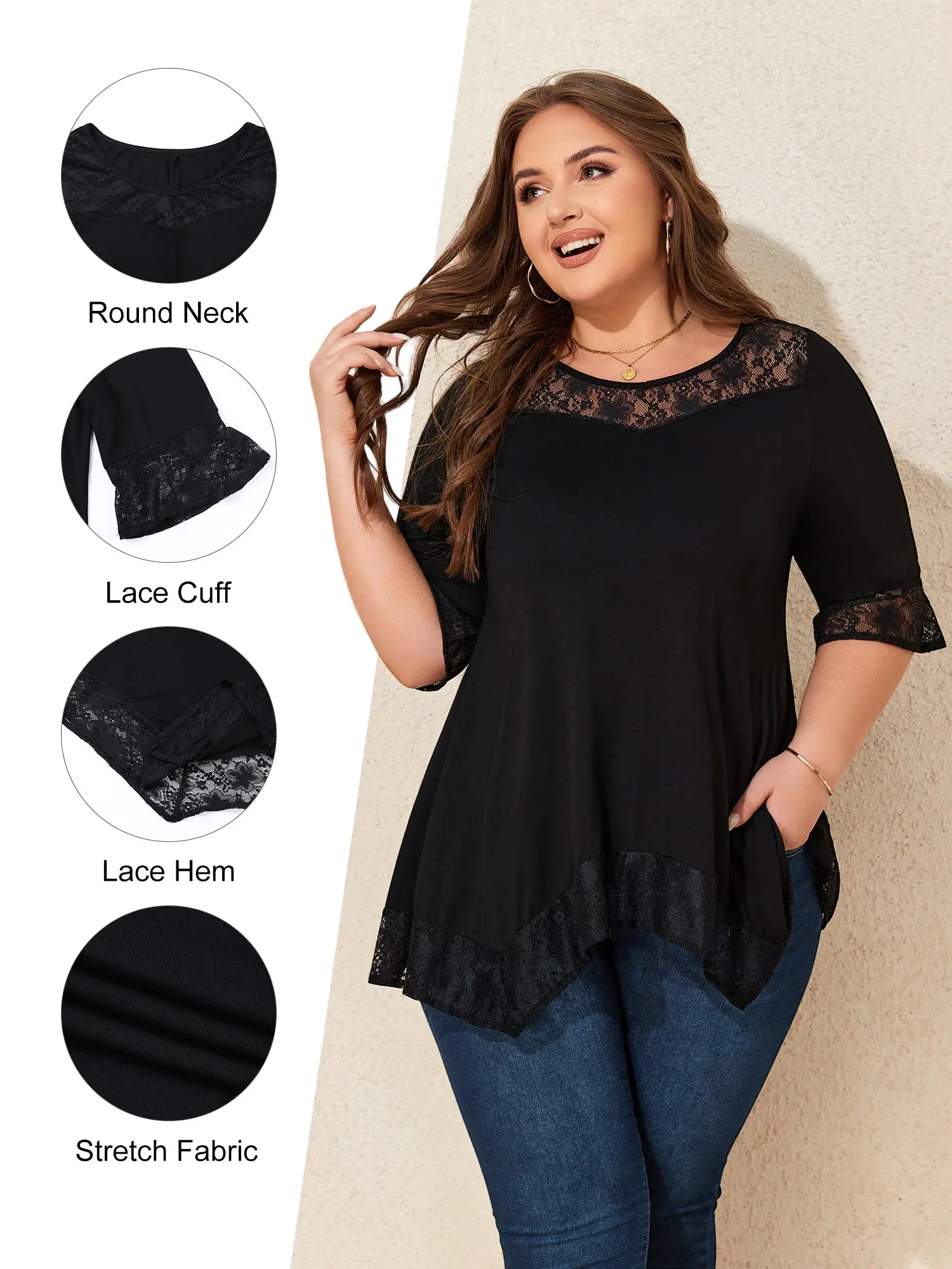 Sexy Lace Cuff Tops Women's Plus Size Elegant Solid Round Neck 3/4 Sleeve T-shirt Streetwear 6XL Pullover Shirts & Blouse Female