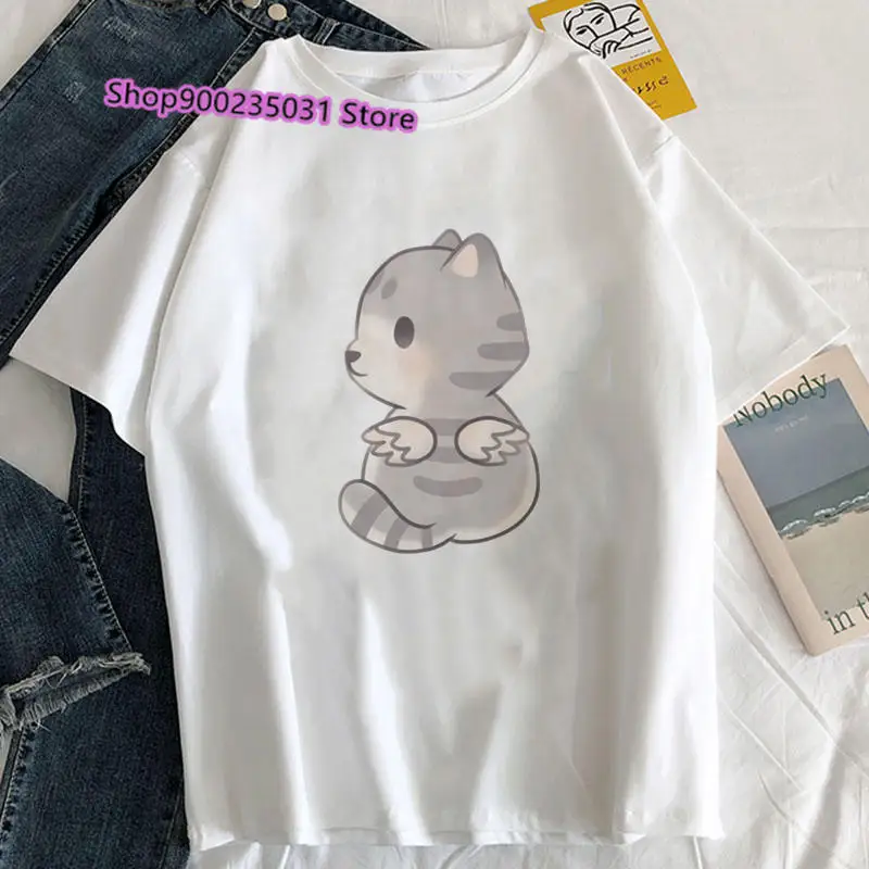 Cute Angel Cat magliette donna magliette estetiche stampate girocollo T-shirt stile coreano per abbigliamento Vintage Harajuku da donna