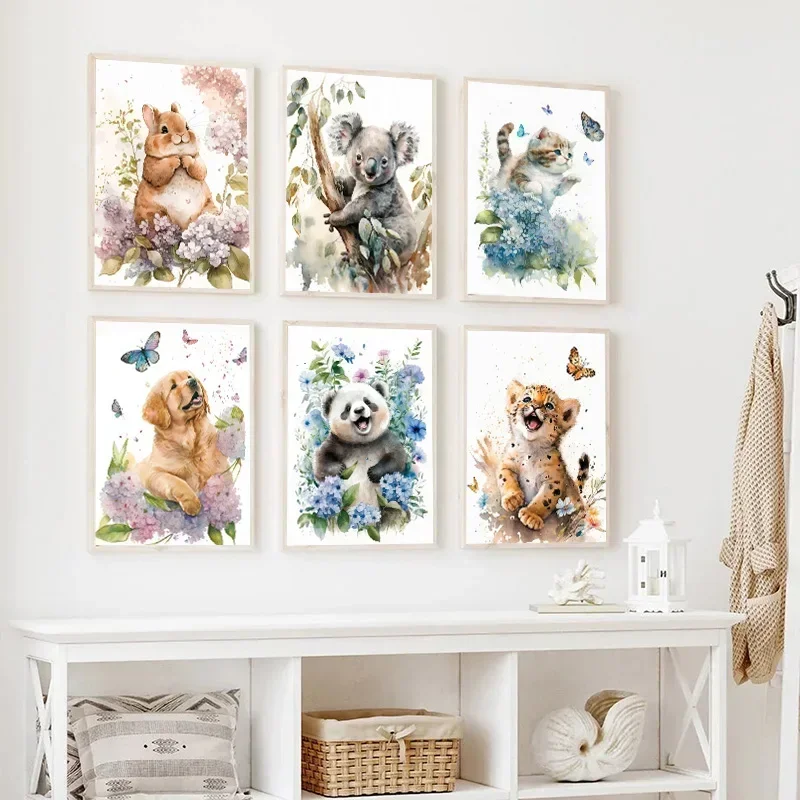 Elephant Panda Tiger Koala Cat Cartoon Animal Watercolor Posters Nursery Canvas Painting Wall Art Print Pictures Baby Room Decor