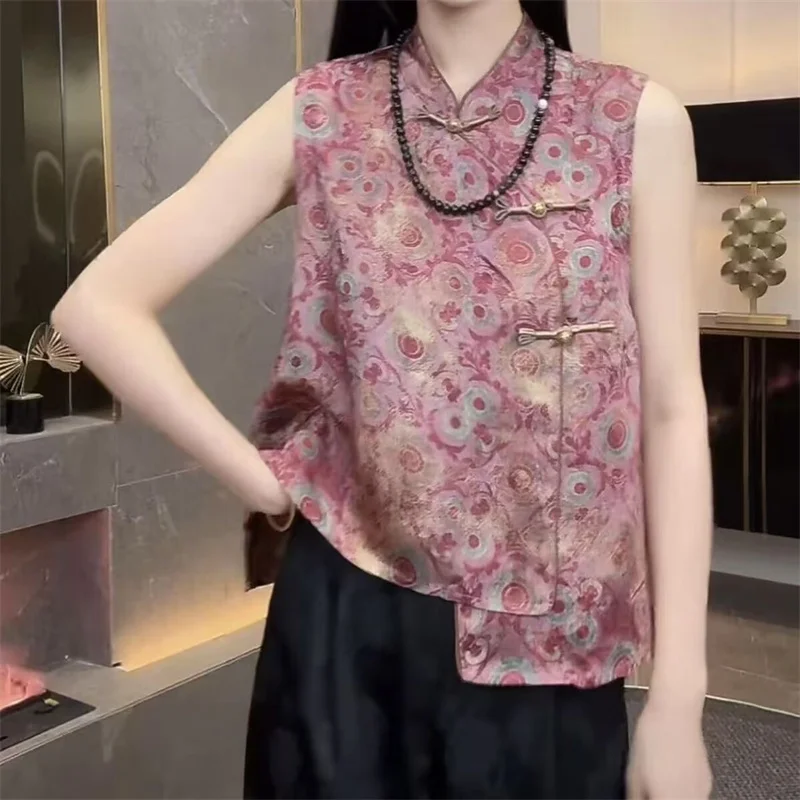 New WomenCoat  Fashion Spring and Summer Chinese Style Collar Buckle Jacquard Sleeveless Temperament Joker Loose Vest Coat Woman