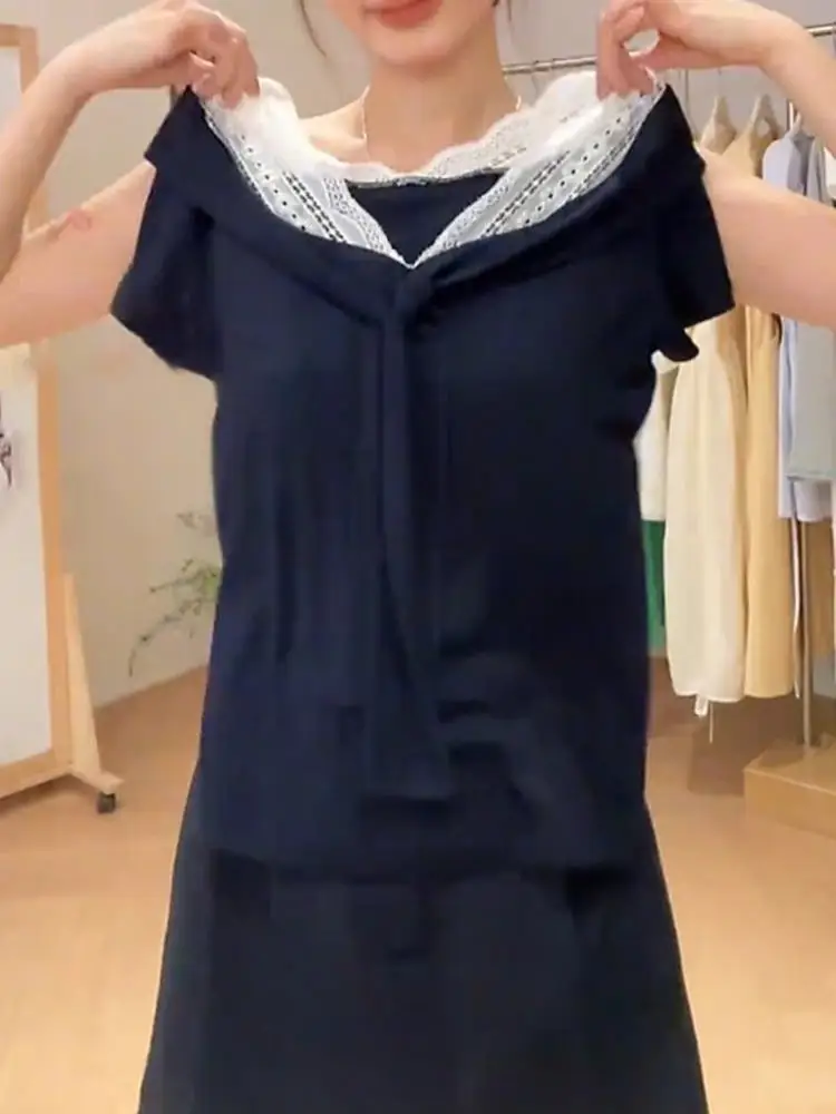 Koreańska koronkowa bluzka z dekoltem w serek, łączona z T-shirtem, damska, letnia, wyszczuplająca, modna, do pracy, jednolita, z węzłem.