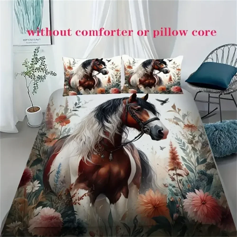 

3pcs Floral Horse Printed Duvet Cover Set (1 Duvet Cover + 2 Pillowcases, No Core) - Soft, Comfortable, And Breathable Bedroom