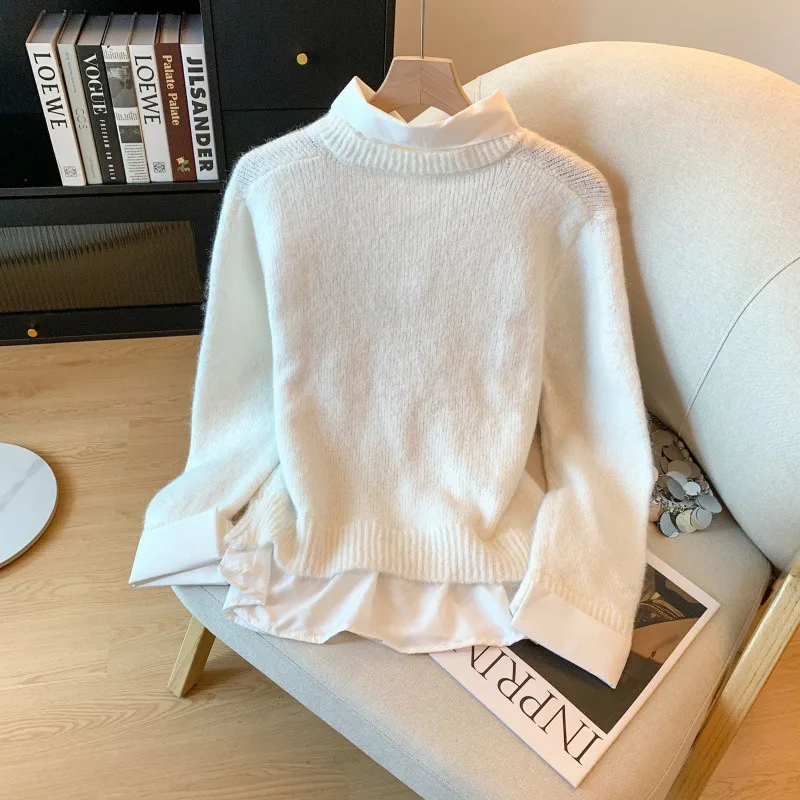 الكورية نمط وهمية اثنين من البلوزات للنساء الخريف الشتاء بدوره إلى أسفل Coloar تصميم تحسس قميص الطبقات أزرق رمادي بلوفر مغزول