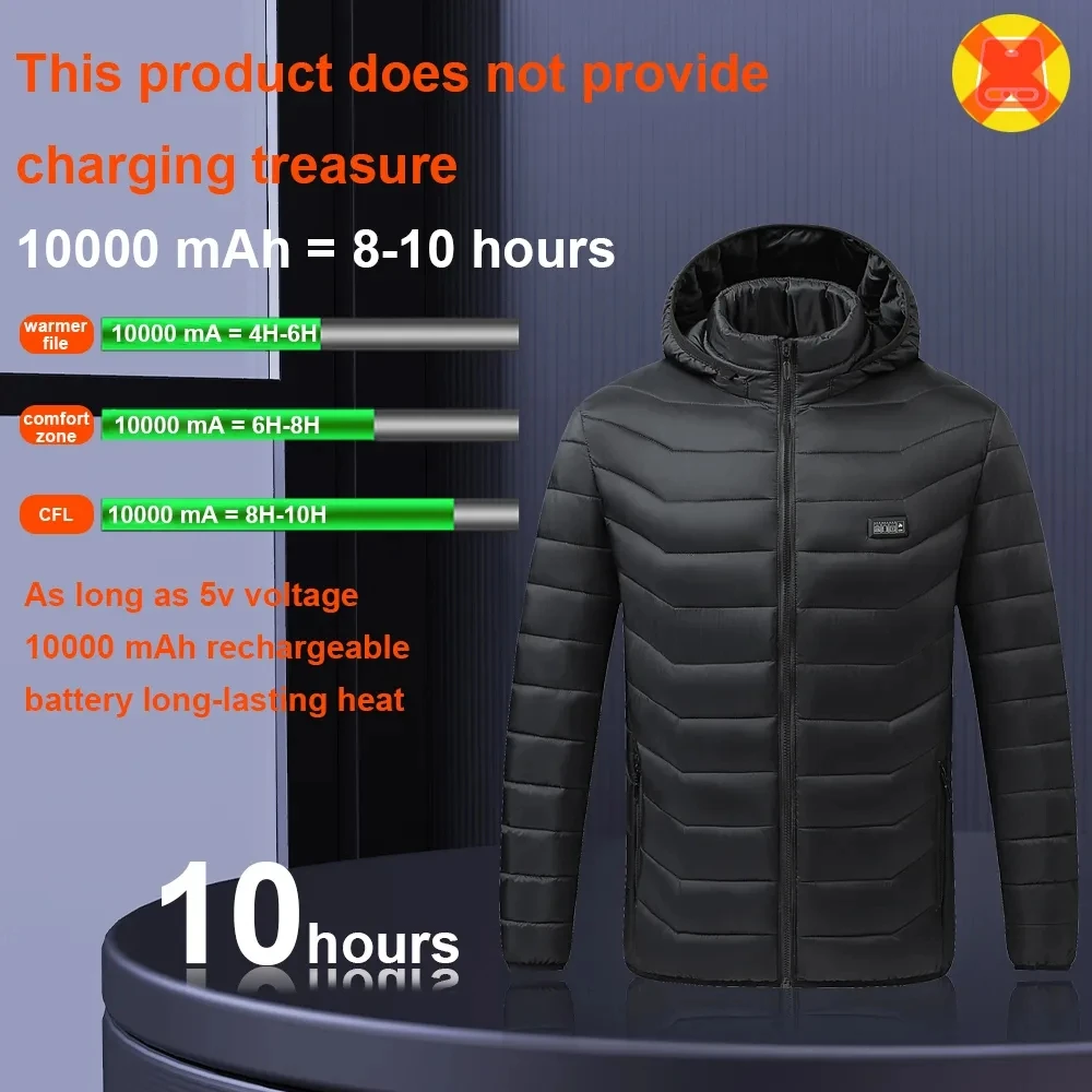 Washable USB Charging Heated Jacket, Cotton Hooded Jacket, Electric Heating, Warm Jacket, Outdoor, Camping, Hiking