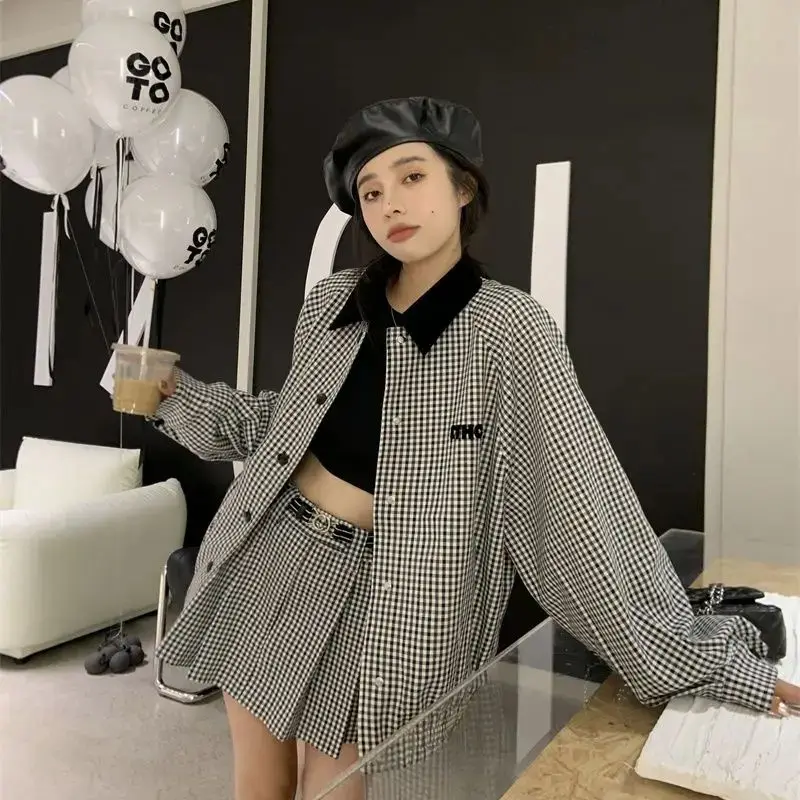 

French Two-Piece Set Plaid Contrasting Silhouette Long-Sleeved Jacket Short A-Line Skirt Women Spring Autumn New Temperament Set