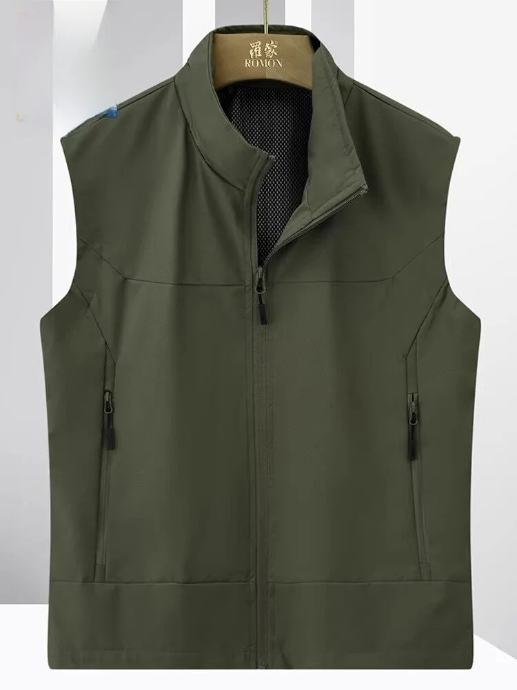 romon-men's-outdoor-casual-short-collar-vest-2026-spring-new-fishing-camping-functional-wear-resistant-vest-polyester-fiber