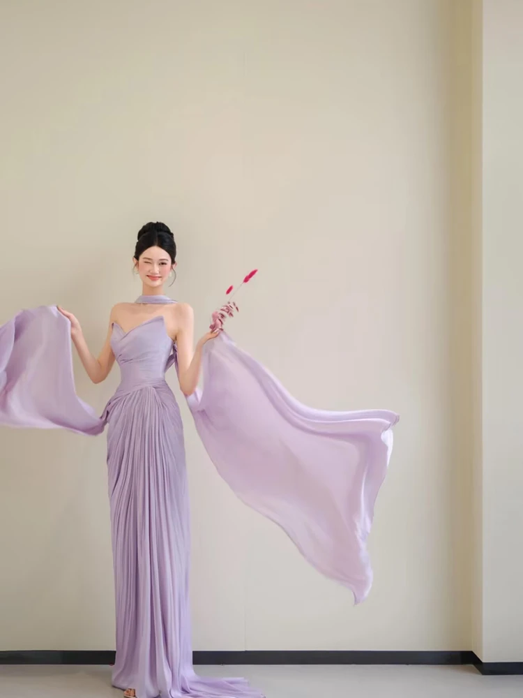 

Purple Satin Mermaid Engagement Dress Women's Style Off-Shoulder Gown Wedding Morning Robe Customizable Tailoring Design