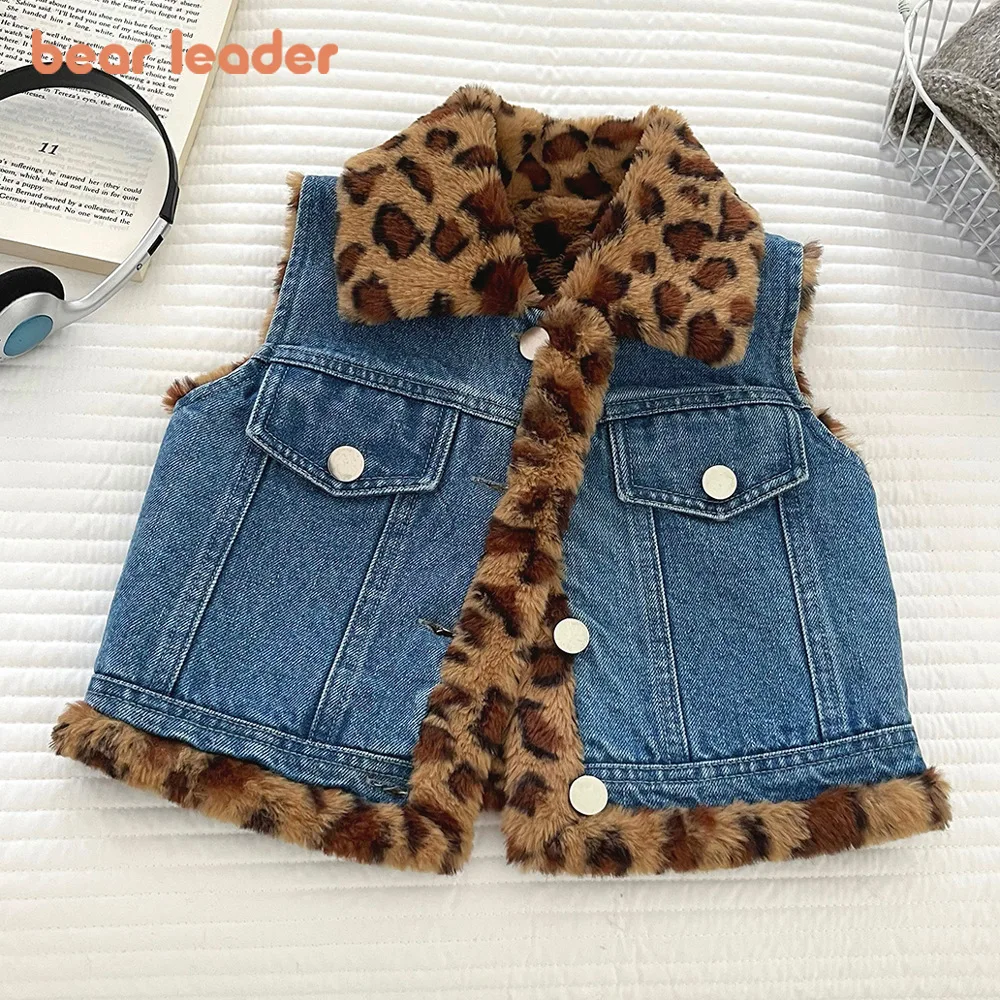 

Bear Leader Winter 2025 New Children's Thick Outerwear Fashionable Retro Leopard Print Color Blocked Sleeveless Girls' Coats