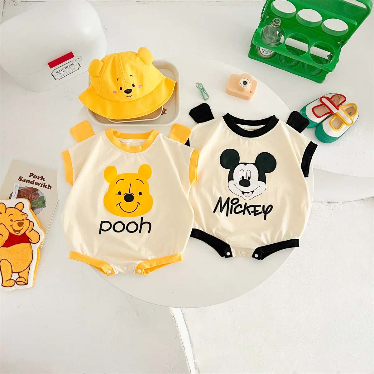 Summer Newborn Baby Boys Rompers Sock Hat 3pcs Set Cartoon Mickey Mouse Pooh Girl Jumpsuit Infant Costume Short Sleeve Bodysuits