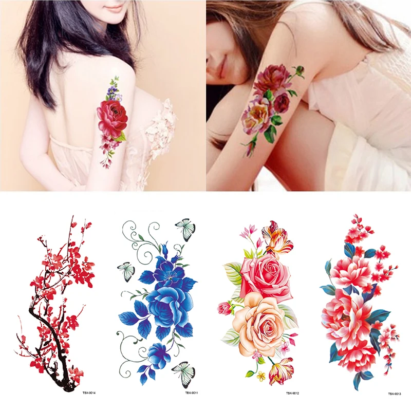 Anime Rose Flowers Temporary Tattoos Stickers Waterproof Arm Shoulder Fake Tattoo for Women Make Up Big Flash Tattoo on Body Art