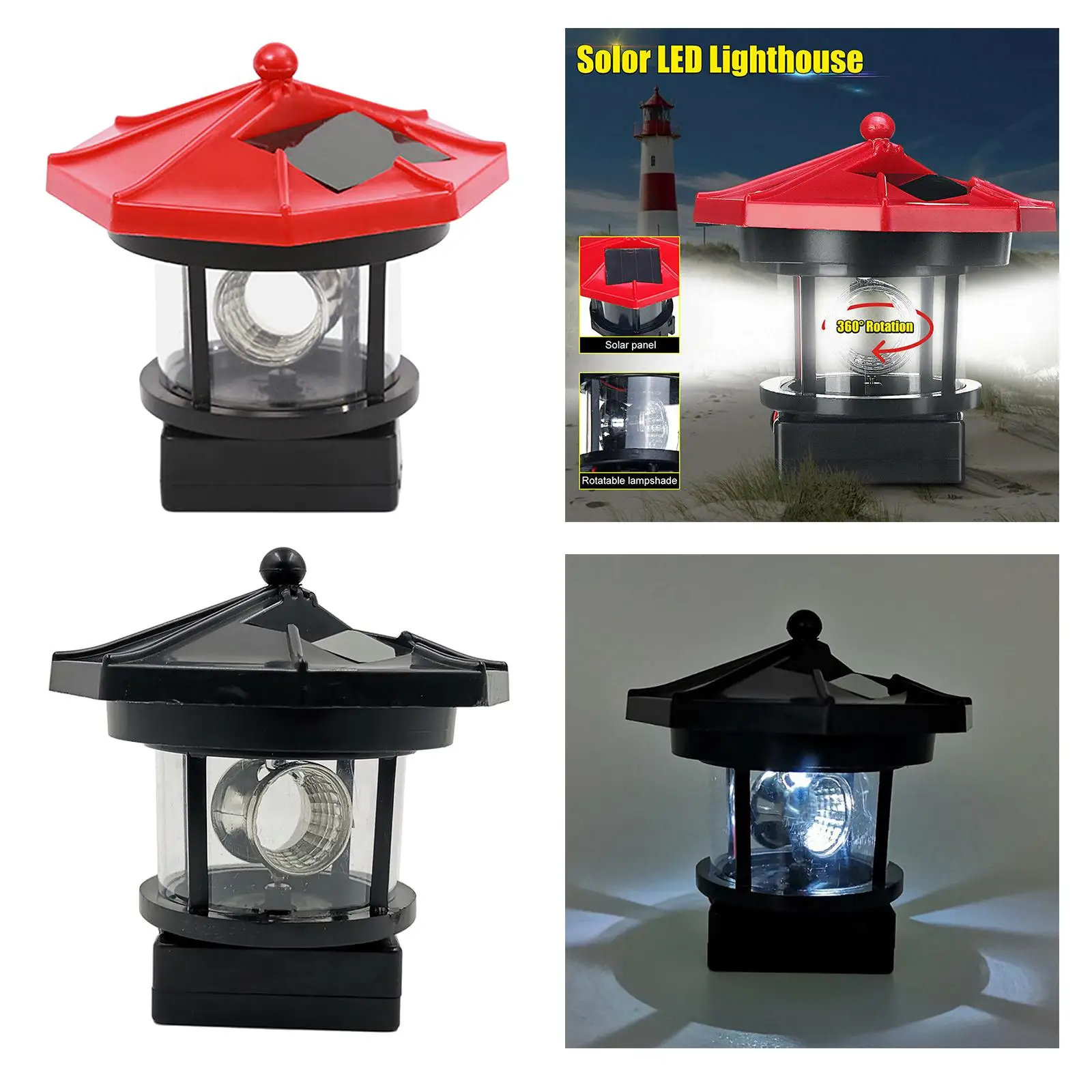 Solar Powered Lighthouse, 360 Degree Rotating Lamp, Outdoor Waterproof Lighthouse Garden 