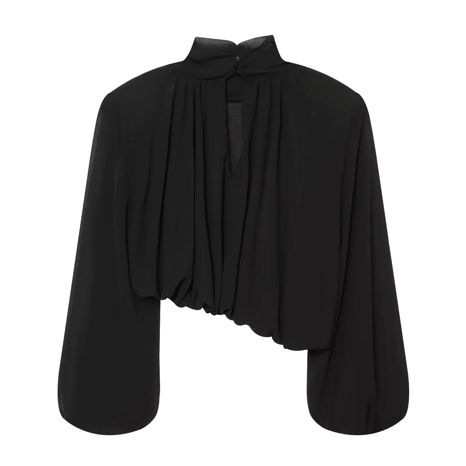 European and American 2026 autumn new style, elegant and fashionable, easy-matching, asymmetric, padded shoulder, bubble hem top