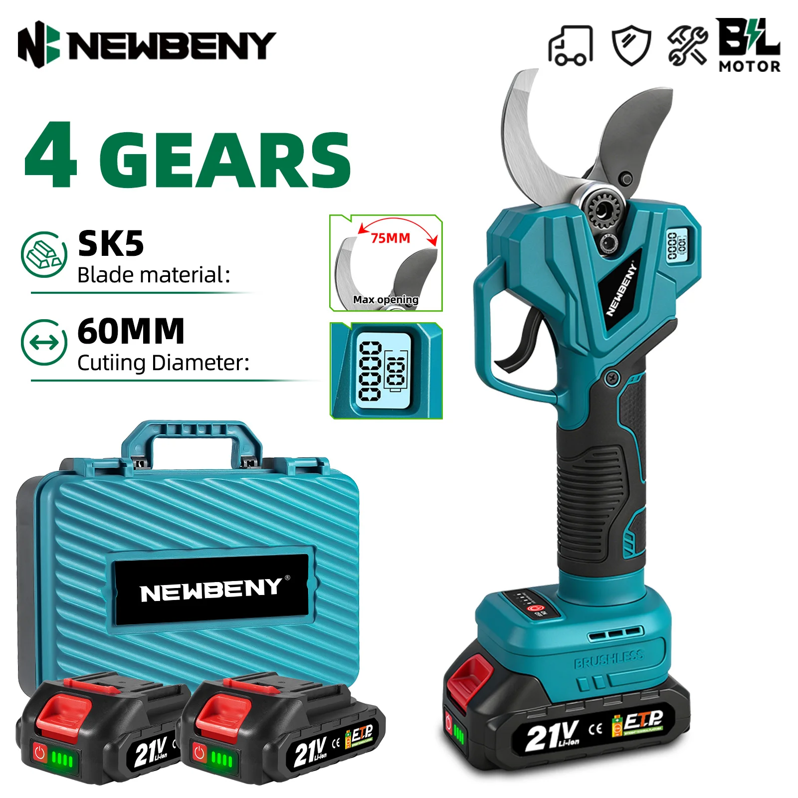 NEWBENY 75mm 4-Gang Bürstenloser Elektrischer Astschneider Effizientes Wiederaufladbares Gartenpflegewerkzeug für Makita 21V Akku