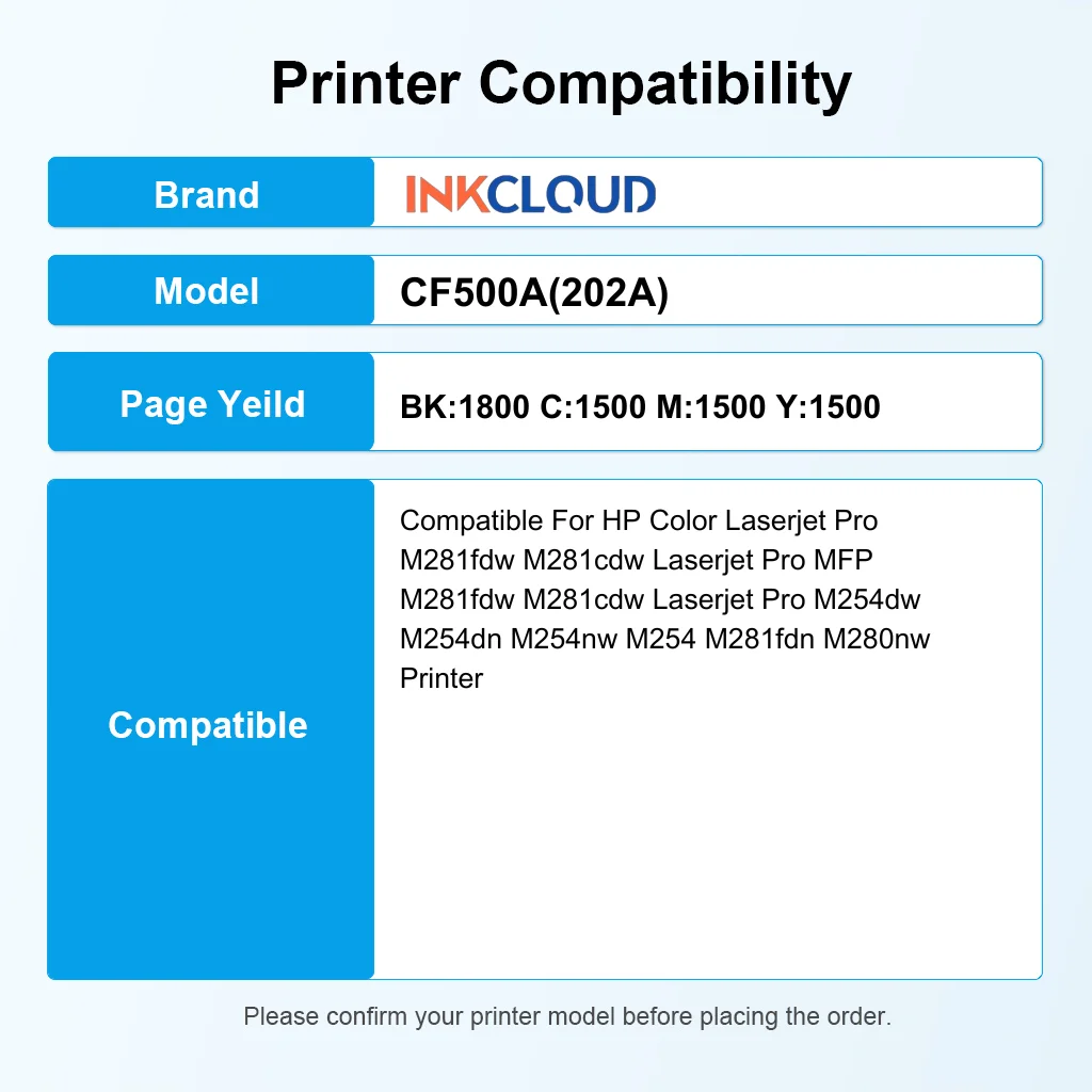 INKCLOUD Sostituzione per HP 202A CF500A 202X M281fdw Color Laserjet Pro MFP M281fdw M281cdw M254dw M281fdn M254 M281