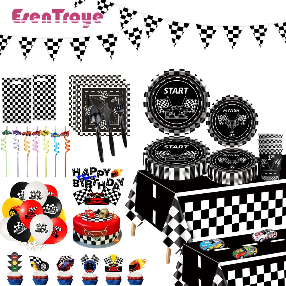 Racing Car Birthday Party Black White Checkered Tableware Pennant Banner for Boys Kids Formula 1 Race Party Decor Favors Gifts