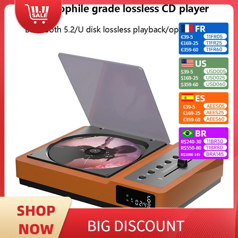 Vintage HIFI CD Player Bluetooth 5.2 High and Bass Adjustable Portable CD Audio Player with Built-in Battery IR Remote Control