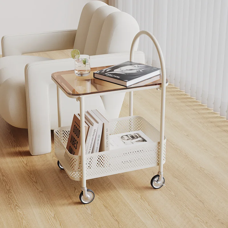 Movable double-layer living room sofa side table with wheels small coffee table