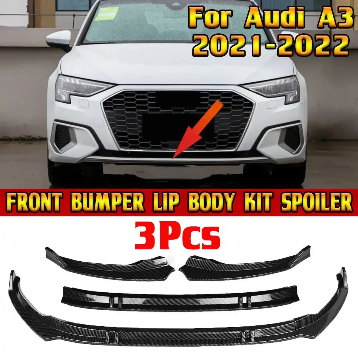 

New A3 3pcs Front Lip Chin Bumper Body Kits Splitter Diffuser Lip Protector Spoiler Deflector Lip Guard For Audi A3 2021 2022