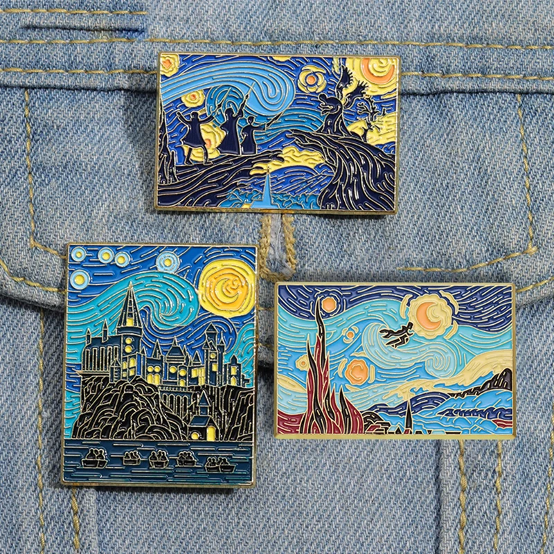 Starry Night Magic School Enamel Pins Custom Witch Wizard Castle Brooches Lapel Badges Punk Jewelry Gift for Fans Friends