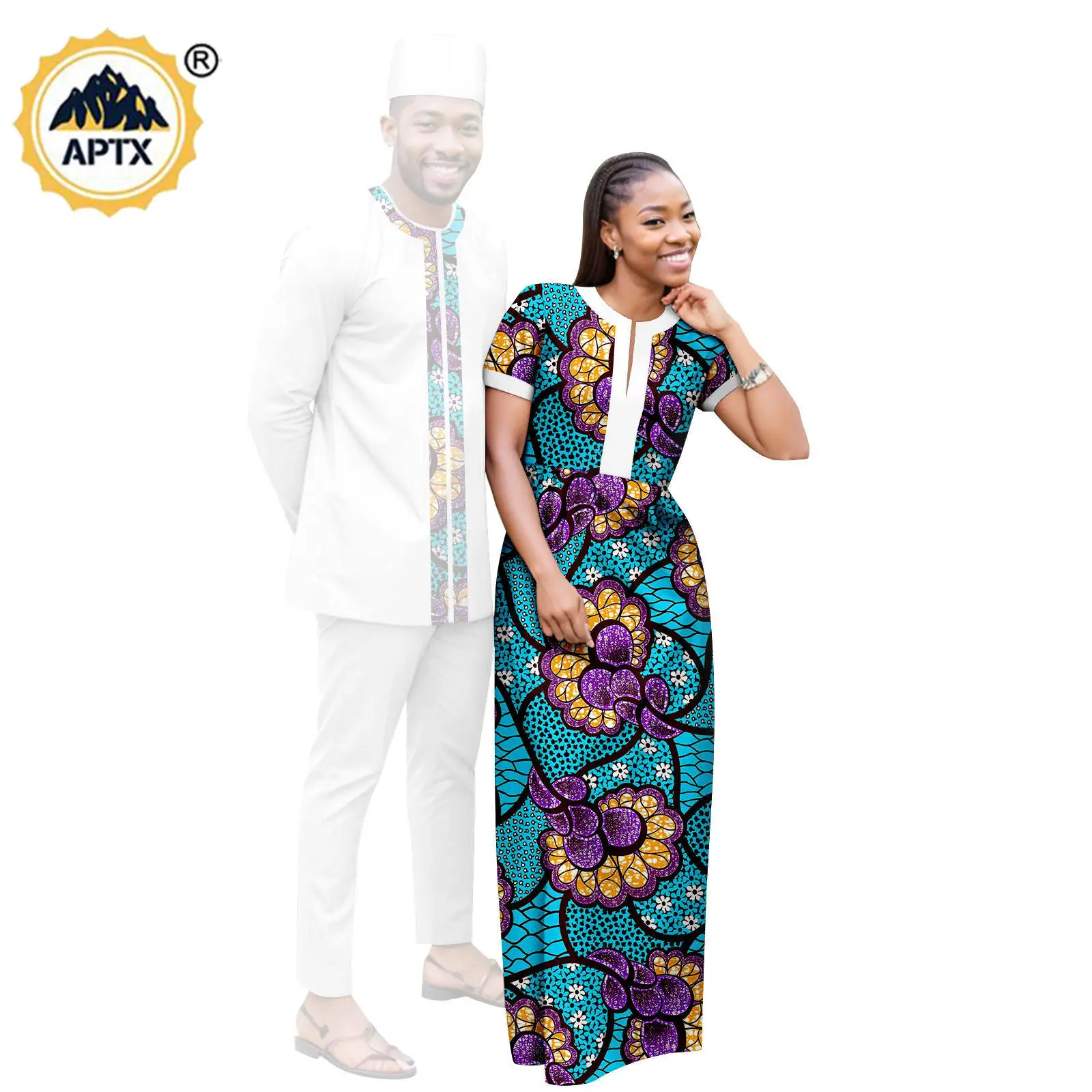 Dashiki African Clothes Print Long Dresses for Women Matching Couple Outfits Bazin Riche Men Hat Top Tee and Pant Sets Y23C119