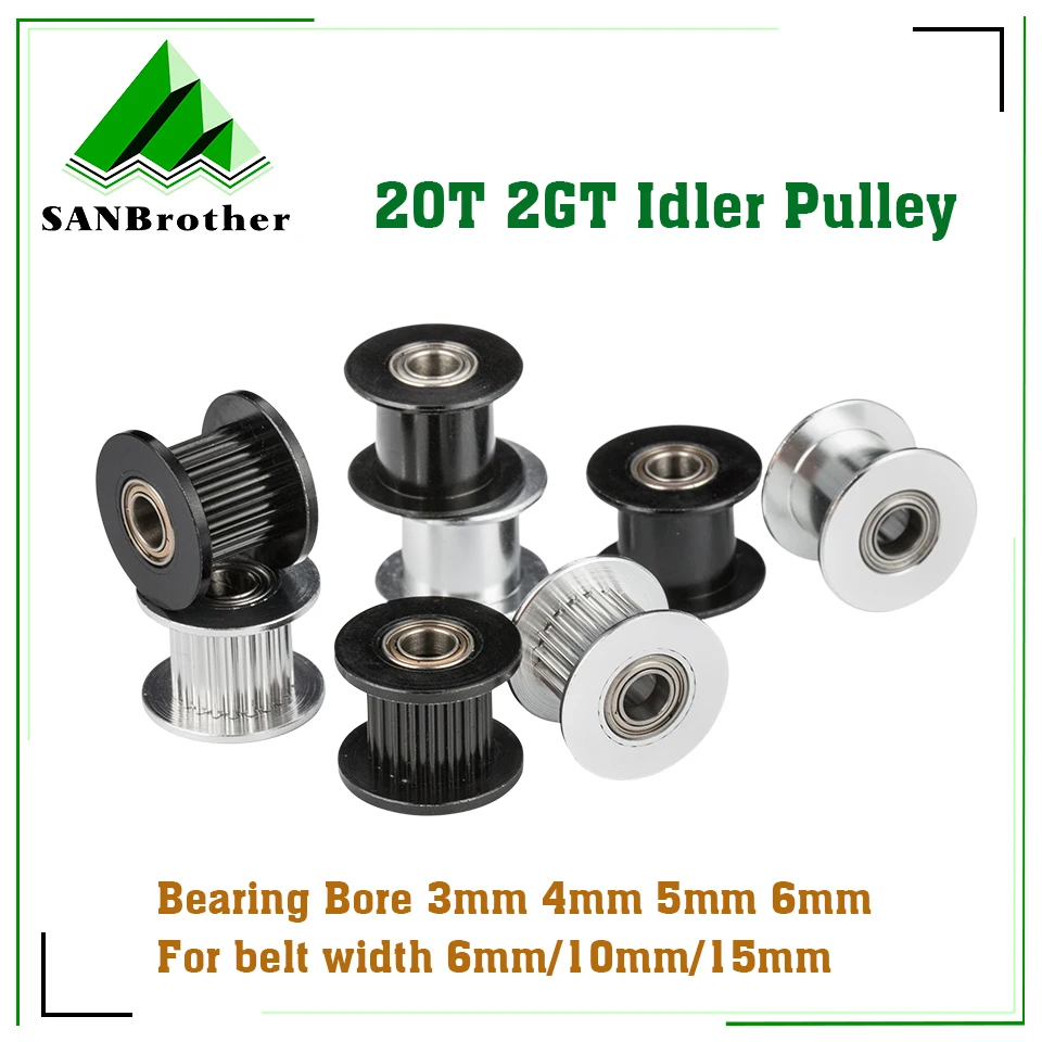 2GT 20 Teeth synchronous Wheel Idler Pulley Bore 3/4/5mm with Bearing Black for GT2 Timing belt Width 6/10MM 20teeth 20T